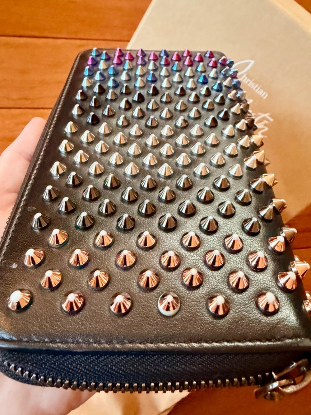 Louboutin Panettone Wallet,Black with Rainbow Spiked Studded Zip Around closure’ - Picture 8 of 16